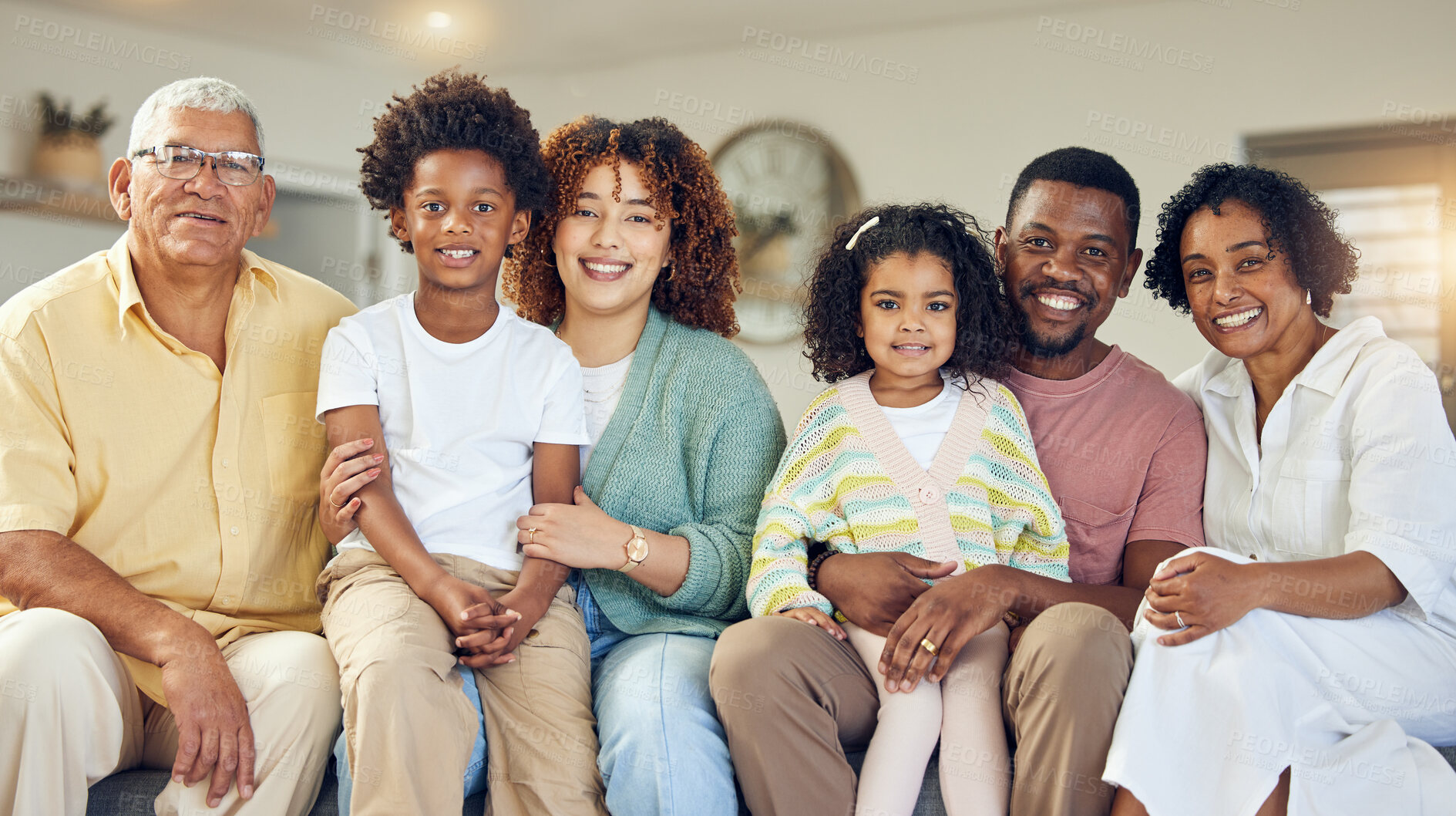 Buy stock photo Family portrait, generations and love with care and support at home, grandparents and parents with kids. Relax in living room, happy people together with unity and bonding, diversity and trust