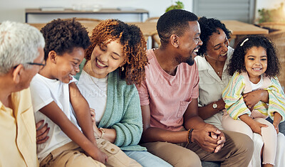 Buy stock photo Family, generations and love with happiness and support at home, grandparents and parents with kids. Relax in living room, happy people together with unity and bonding, care with diversity and trust