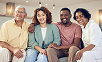 Big family, smile and portrait in home living room, joy and having fun together on sofa. Interracial, love and happy grandfather, grandmother and couple smiling in lounge and enjoying holiday time.