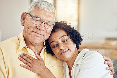 Buy stock photo Elderly love, relax and couple hug, care and enjoy quality bonding time on home living room sofa. Retirement peace, marriage support or romantic senior husband, wife or calm people together in Brazil