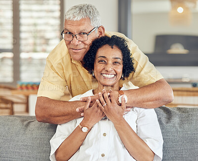 Buy stock photo Portrait, relax and senior happy couple hug, care and enjoy quality time together on home living room sofa. Retirement happiness, marriage love bond and romantic elderly husband, wife or people smile