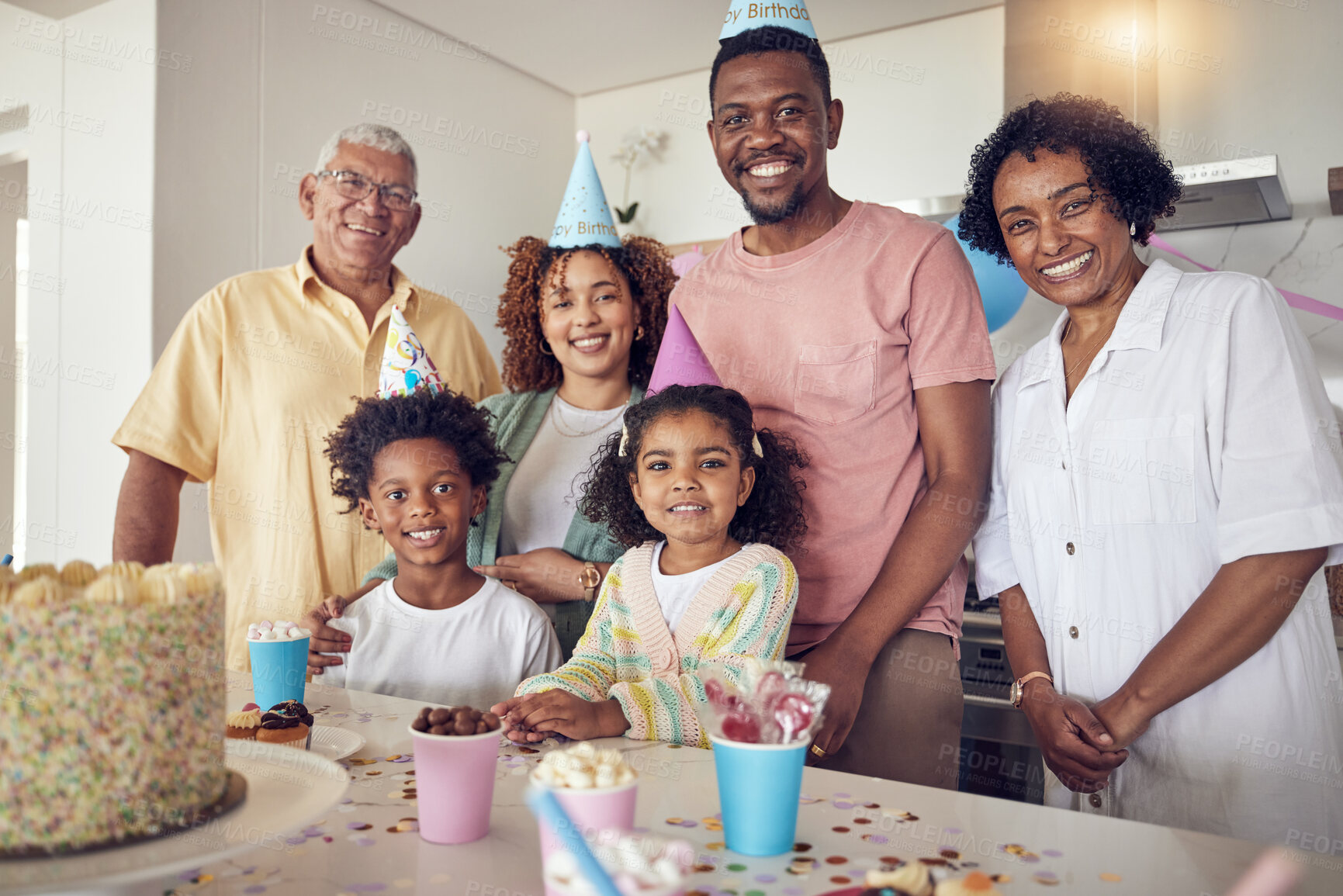 Buy stock photo Family, generations and portrait at birthday, celebration and anniversary with grandparents, parents and children. Happy people, celebrate with cake and candy, party hat and smile with love at event