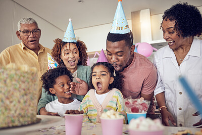 Buy stock photo Birthday party, food and surprise with family in kitchen for celebration, bonding and affectionate. Happy, excited and grandparents with parents and child at home for generations, fun or event 