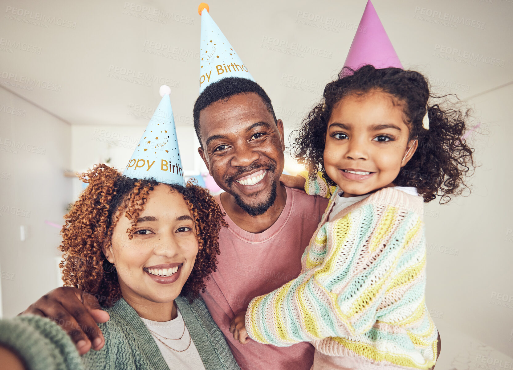 Buy stock photo Black family, selfie smile and birthday portrait in home and having fun at party celebration. Interracial, love and father, mother and child or girl taking pictures for happy memory and social media.