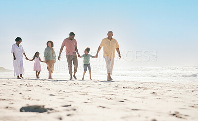 Buy stock photo Mockup, love and family on beach, walking and happiness for summer vacation, quality time and relax. Grandparents, mother and father with children on seaside holiday, ocean water waves and traveling