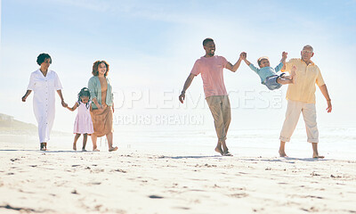 Buy stock photo Family on beach, freedom and travel, generations and happy people outdoor, grandparents with parents and kids. Adventure, carefree with dad and grandfather swing kid, fun and summer with hand holding