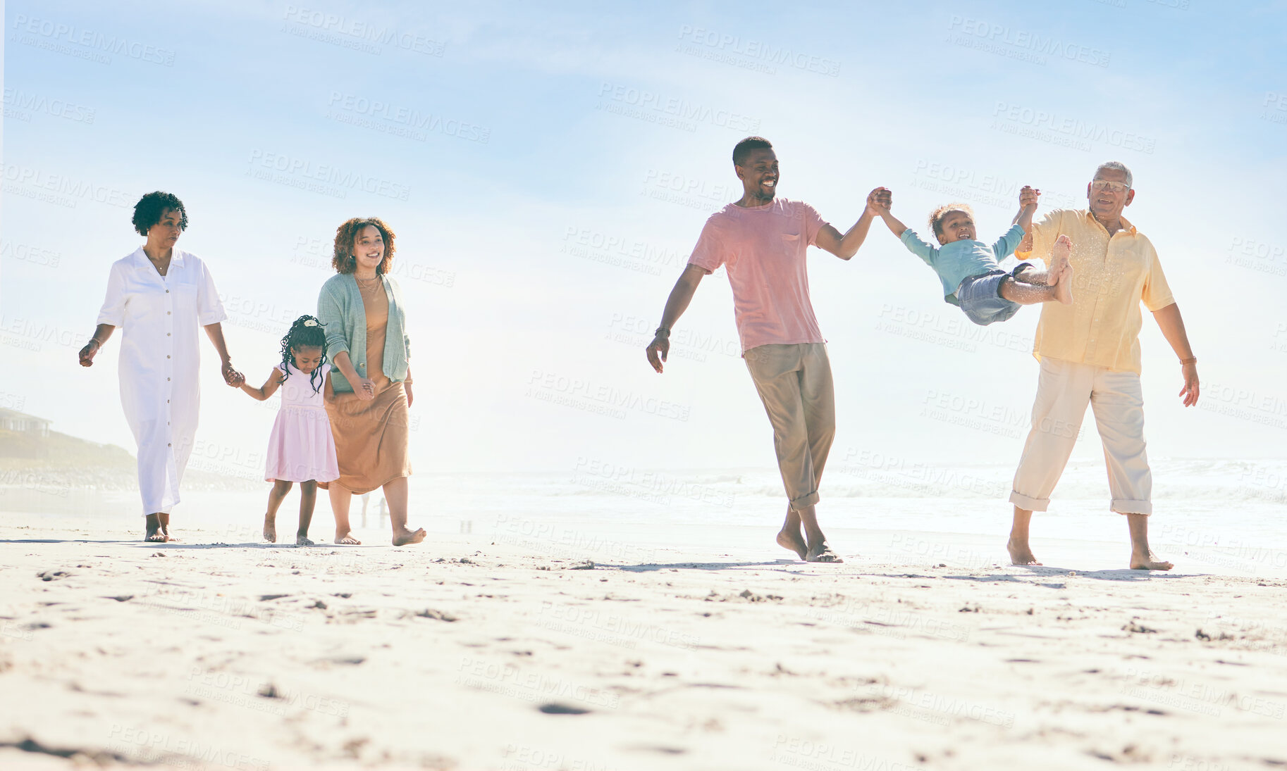 Buy stock photo Family on beach, freedom and travel, generations and happy people outdoor, grandparents with parents and kids. Adventure, carefree with dad and grandfather swing kid, fun and summer with hand holding