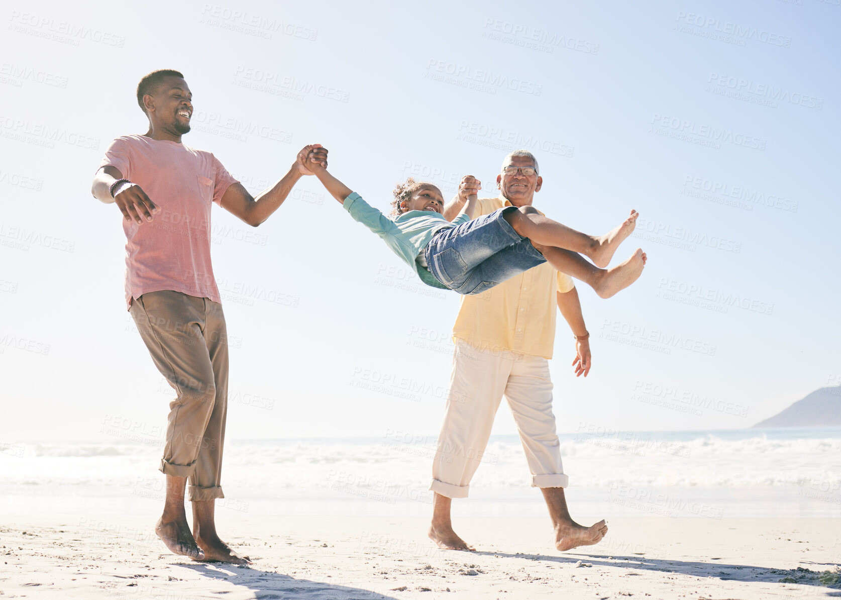 Buy stock photo walking, love and happy family play on beach holiday for peace, freedom and outdoor quality time together. Nature sunshine, ocean sand and Jamaica children, grandparents or people smile on vacation 