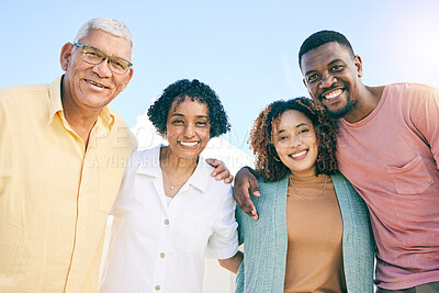 Buy stock photo Family, generations in portrait with happiness outdoor, parents with adult children in nature, together with love. Happy people bonding with smile, support and care with trust and relationship 