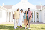 Happy, parents and couple standing by a new home with pride, smile and happiness together. Care, bonding and interracial elderly man and woman with their adult children by a house, property or estate