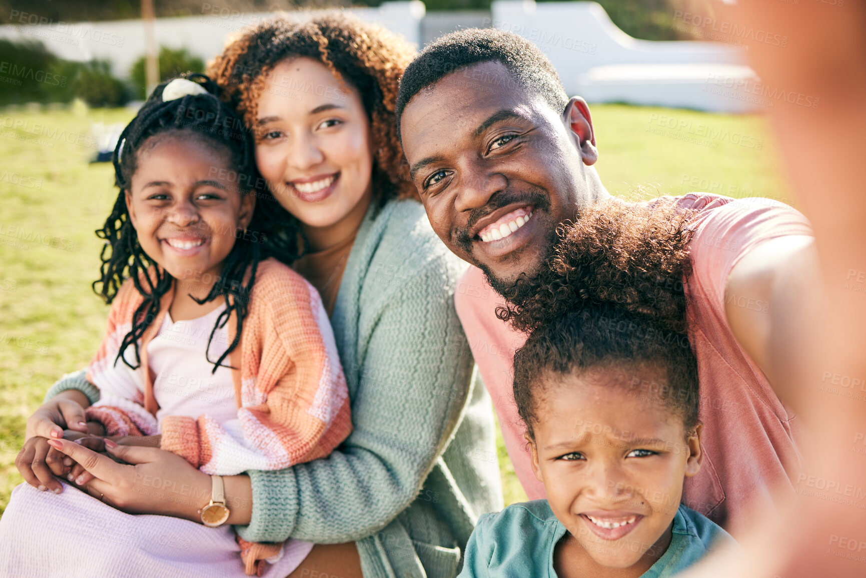 Buy stock photo Selfie, black family and parents with kids, smile in backyard and outdoor weekend fun together. Happiness, love and sun, mother and father with happy children relax and quality time in summer garden.