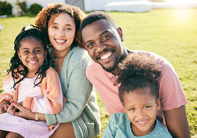 Buy stock photo Family, relax on lawn in summer and smile in portrait, happiness with parents and children outdoor. Happy people sitting on grass, love and comfort with mother, father and kids in garden bonding