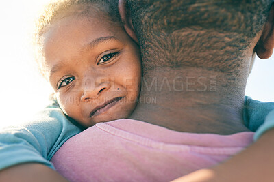 Buy stock photo Face portrait, child or black family hug, embrace or bond on outdoor vacation for peace, freedom and quality time. Sunshine flare, love or African youth kid, father or people together in South Africa