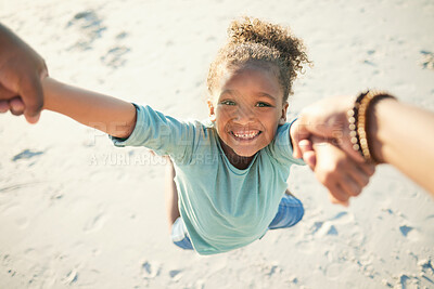 Buy stock photo Pov, happy and father spinning child while at the beach on a summer vacation, adventure or weekend trip. Happiness, freedom and man swinging a girl kid on the sand while having fun on seaside holiday