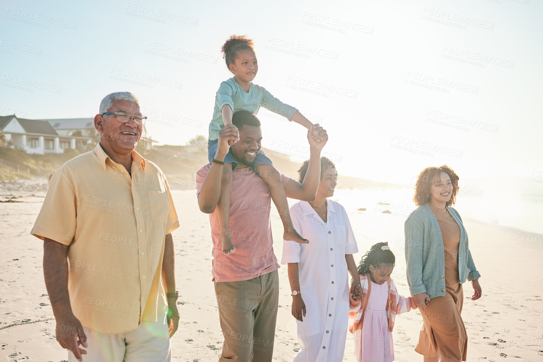 Buy stock photo Big family, grandparents or children at beach walking holding hands with girls on summer holiday together. Happy dad, mom or kids siblings love bonding or relaxing with grandmother and grandfather