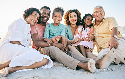 Buy stock photo Family at beach, portrait and generations, happy people relax outdoor with grandparents, parents and kids. Happiness, smile and sitting together on sand, travel and vacation with love and bond