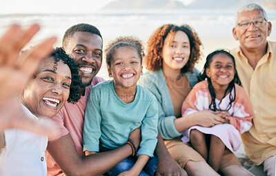 Buy stock photo Family, selfie and travel, generations in portrait with happiness outdoor on beach, memory and together with love. Grandparents, parents and children, happy people with smile in picture and holiday