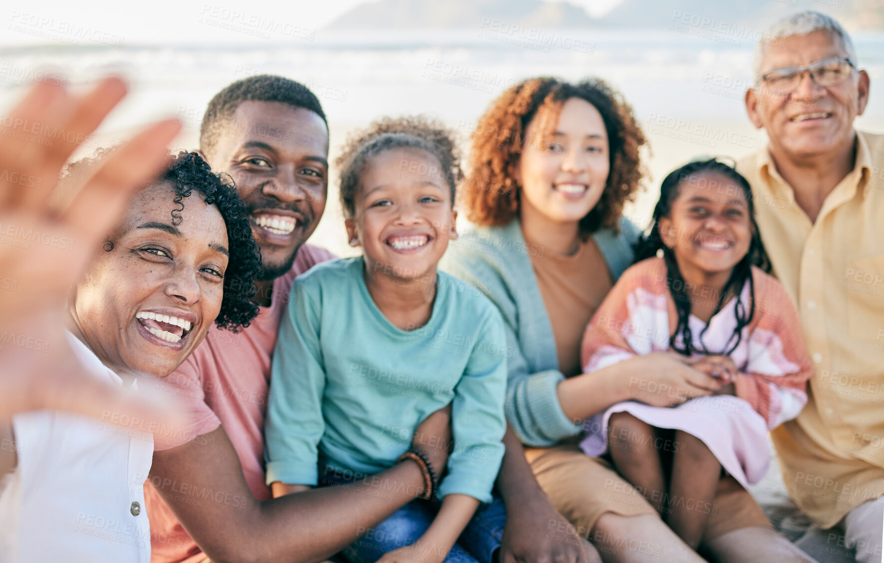 Buy stock photo Family, selfie and travel, generations in portrait with happiness outdoor on beach, memory and together with love. Grandparents, parents and children, happy people with smile in picture and holiday