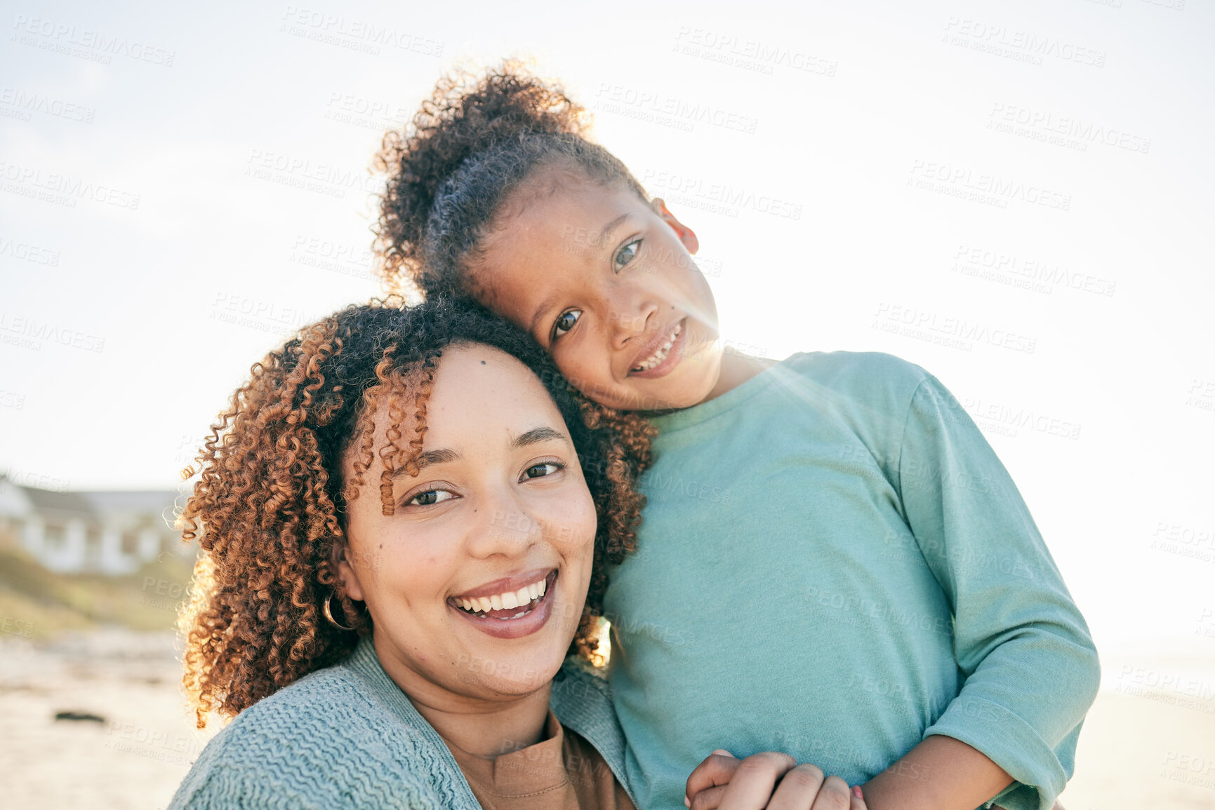 Buy stock photo Happy mother, girl portrait and sea holiday with a smile on mothers day with love. Outdoor, beach and vacation break of a mom and child together with parent love and care in the sun with a hug