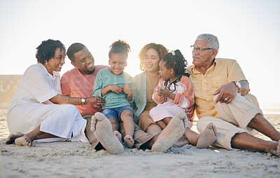 Buy stock photo Big family, grandparents or kids at beach to relax with girls or siblings on summer holiday together. Happy African dad, mom or young children love bonding or relaxing with grandmother or grandfather