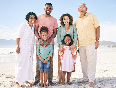 Buy stock photo Family at beach, portrait and generations, happy people relax outdoor with grandparents, parents and kids. Happiness, smile and travel, love and care with relationship and bond on vacation in Bali