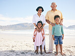 Happy family portrait, children and grandparents on beach holiday for peace, freedom and outdoor quality time. Nature mockup, ocean sea sand or Mexico kids, grandmother and grandfather smile together