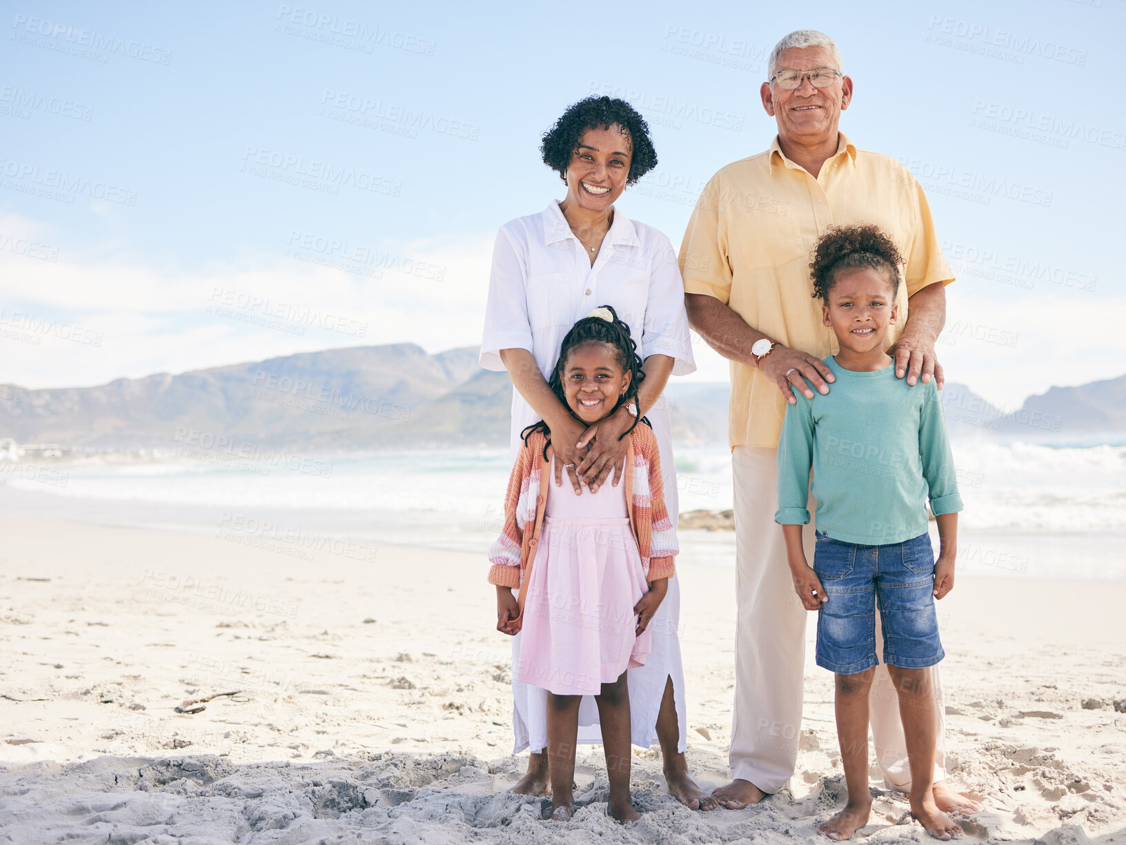 Buy stock photo Happy family portrait, children or grandparents on beach holiday for peace, freedom or outdoor quality time. Nature mockup, ocean sea sand or Mexico kids, grandmother and grandfather bonding together