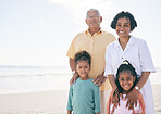 Happy family portrait, kids and grandparents on beach holiday for peace, freedom and outdoor quality time. Nature mockup, ocean sea sand or Mexico children, grandmother and grandfather smile together