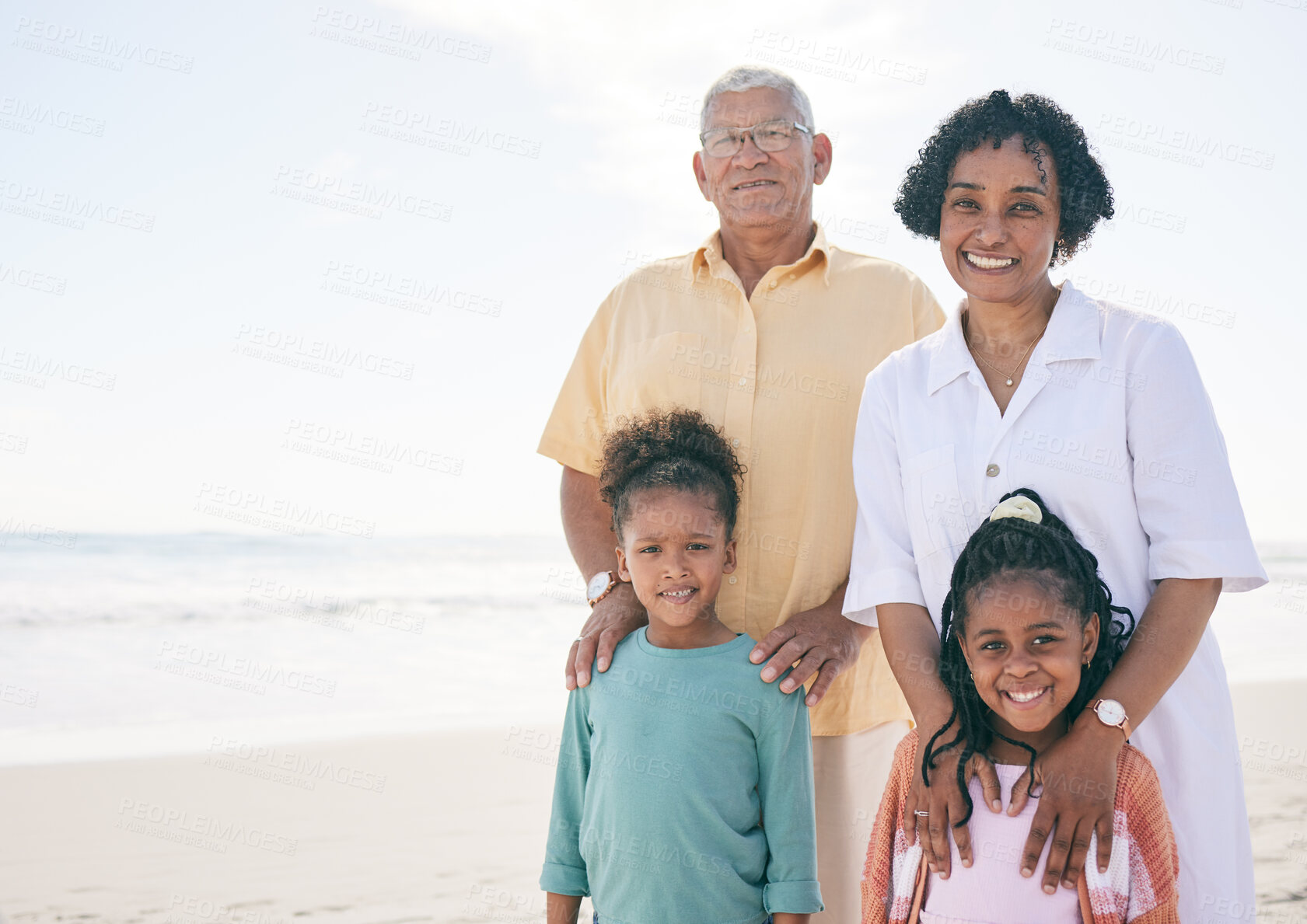 Buy stock photo Happy family portrait, kids and grandparents on beach holiday for peace, freedom and outdoor quality time. Nature mockup, ocean sea sand or Mexico children, grandmother and grandfather smile together