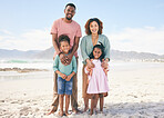 Happy portrait, nature and black family on beach holiday for peace, freedom and outdoor quality time together. Love, ocean sea sand or Jamaica children, father and mother smile with vacation sunshine