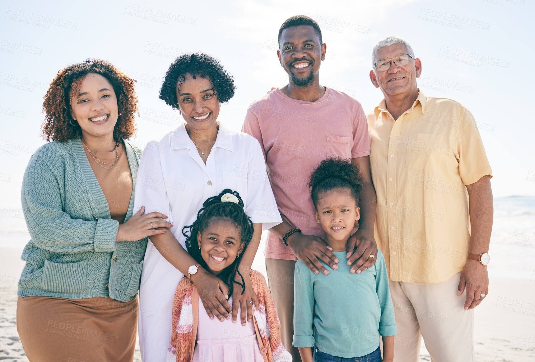 Buy stock photo Family at beach, portrait and generations outdoor, happy people relax with grandparents, parents and kids. Happiness, smile and travel, love and care with relationship and bond on vacation in Bali