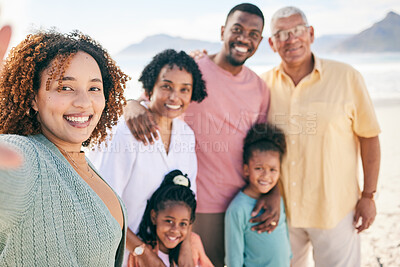 Buy stock photo Happy portrait, selfie or family on beach holiday for peace, freedom and outdoor quality time together. Memory reunion picture, happiness or Jamaica kids, grandparents or parents smile on vacation