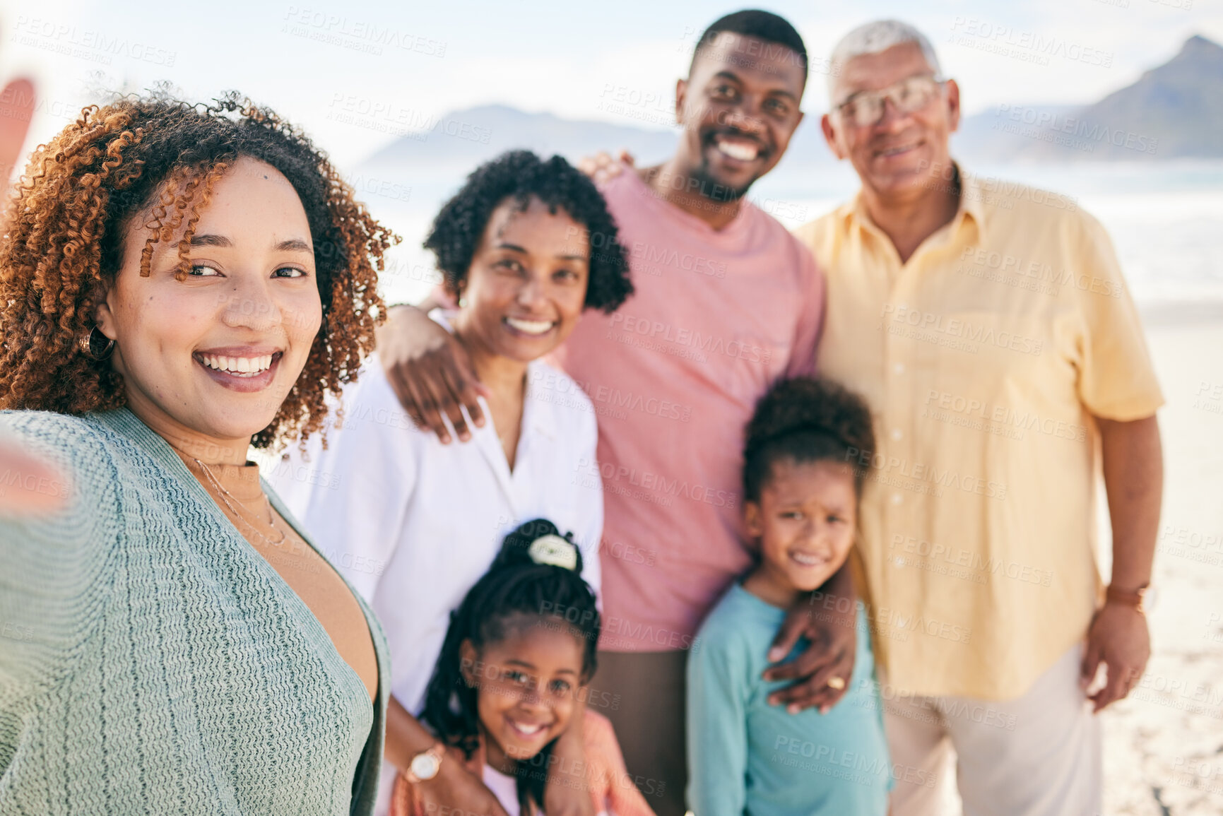 Buy stock photo Happy portrait, selfie or family on beach holiday for peace, freedom and outdoor quality time together. Memory reunion picture, happiness or Jamaica kids, grandparents or parents smile on vacation