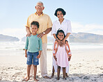 Happy portrait, love and family on beach holiday for peace, freedom and outdoor quality time together. Nature sunshine, ocean sea sand and Mexico children, grandparents or people smile on vacation 