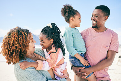 Buy stock photo Family at the beach, happiness and love with travel, summer vacation with parents and children outdoor in nature. Holiday, tropical island and black man, woman and girl kids smile together in Bali