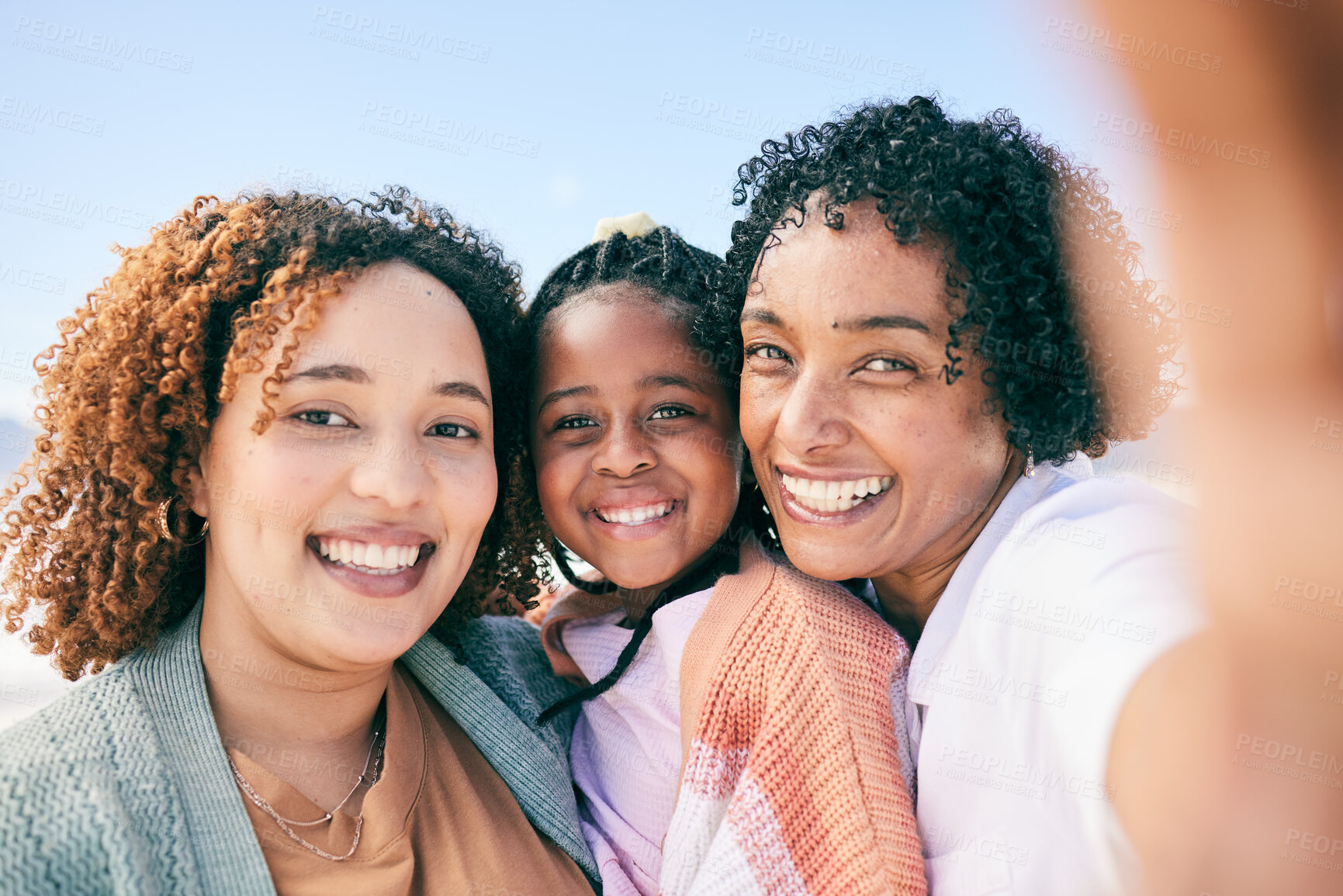 Buy stock photo Selfie smile, beach portrait or black family on holiday for peace, freedom or outdoor quality time together. Memory photo, sunshine or happy Nigeria children, grandmother and mother smile on vacation