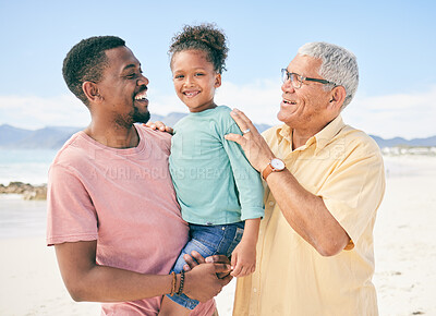 Buy stock photo Grandpa, dad and girl on beach holiday in South Africa with love, happiness and freedom together. Travel, happy black family and generations smile, bonding and fun on summer vacation for men and kid