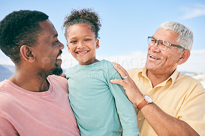 Buy stock photo Generations, grandfather and dad with child on beach holiday in South Africa with love, happiness and freedom. Travel, happy black family and smile on summer vacation for men and kid bonding together