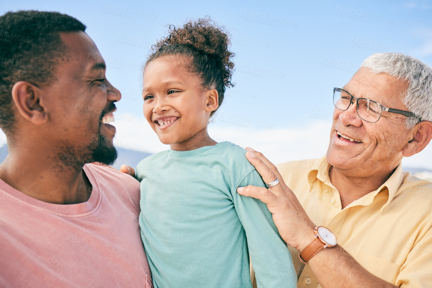 Buy stock photo Beach, grandfather and dad with child on holiday in South Africa with love, happiness and fun. Travel, happy black family and smile on summer vacation for men and kid bonding together for fathers day