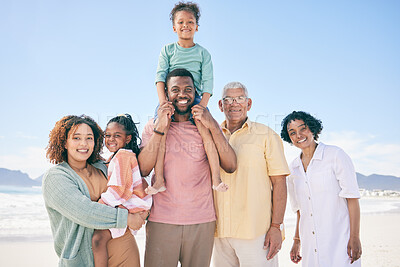 Buy stock photo Portrait, love and family on beach, quality time and happiness with joy, cheerful and adventure. Face, happy grandparents and mother with father, siblings and children on seaside holiday and vacation