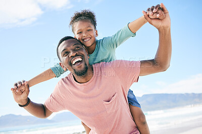 Buy stock photo Beach, black man with child on piggy back and smile on playful family holiday in Australia with freedom and fun. Travel, happy father and girl playing, flying and bonding together on ocean vacation.