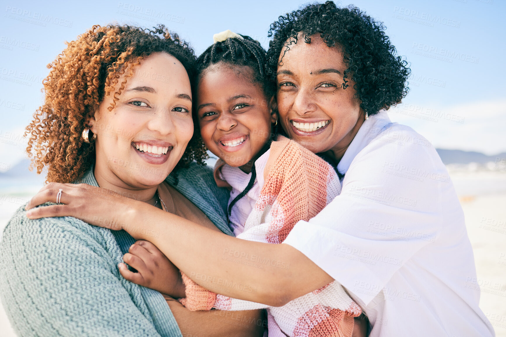 Buy stock photo Hug, beach portrait or happy black family on holiday for peace, freedom or outdoor quality time together. Nature love, sunshine happiness or Nigeria children, grandmother and mother smile on vacation