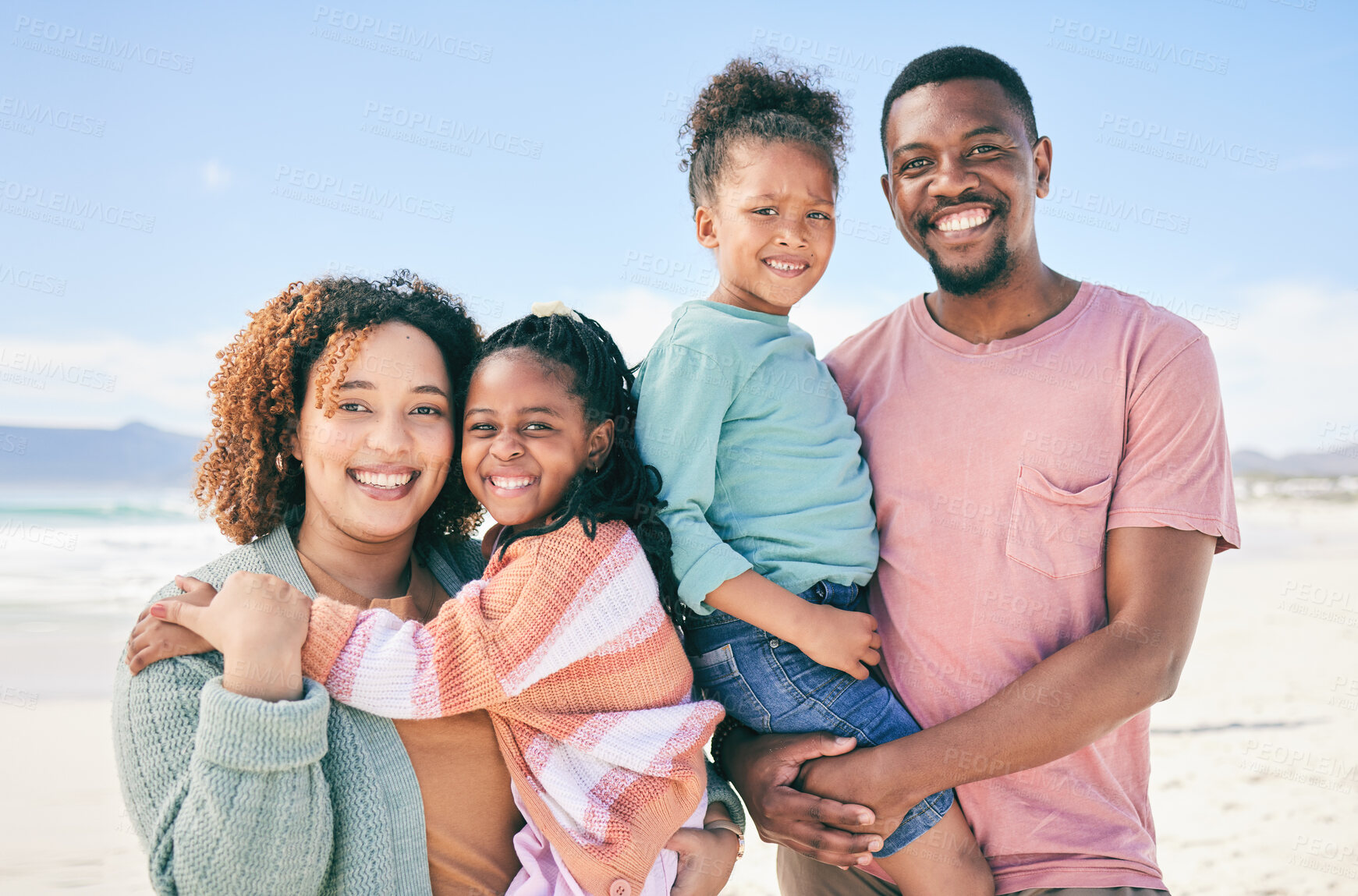 Buy stock photo Sunshine, beach portrait and happy black family on holiday for peace, freedom and outdoor quality time together. Nature love, summer happiness or Nigeria children, father and mother smile on vacation