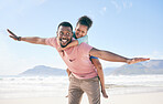 Beach, black man flying with child on shoulders and playful family holiday in Australia with freedom and energy. Travel, fun and happy dad and girl with smile playing and bonding together on vacation