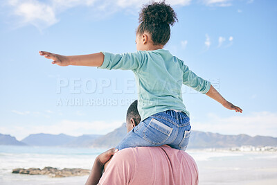 Buy stock photo Beach, black man with child on shoulders in nature on playful family holiday in Australia with freedom and energy. Travel, happy father and girl playing, flying and bonding together on fun vacation