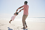 Beach, black man spinning child and playful family holiday in Australia with freedom, fun and energy. Travel, swinging and happy father and girl with smile playing and bonding together on vacation.