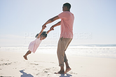 Buy stock photo Beach, black man spinning child and playful family holiday in Australia with freedom, fun and energy. Travel, swinging and happy father and girl with smile playing and bonding together on vacation.