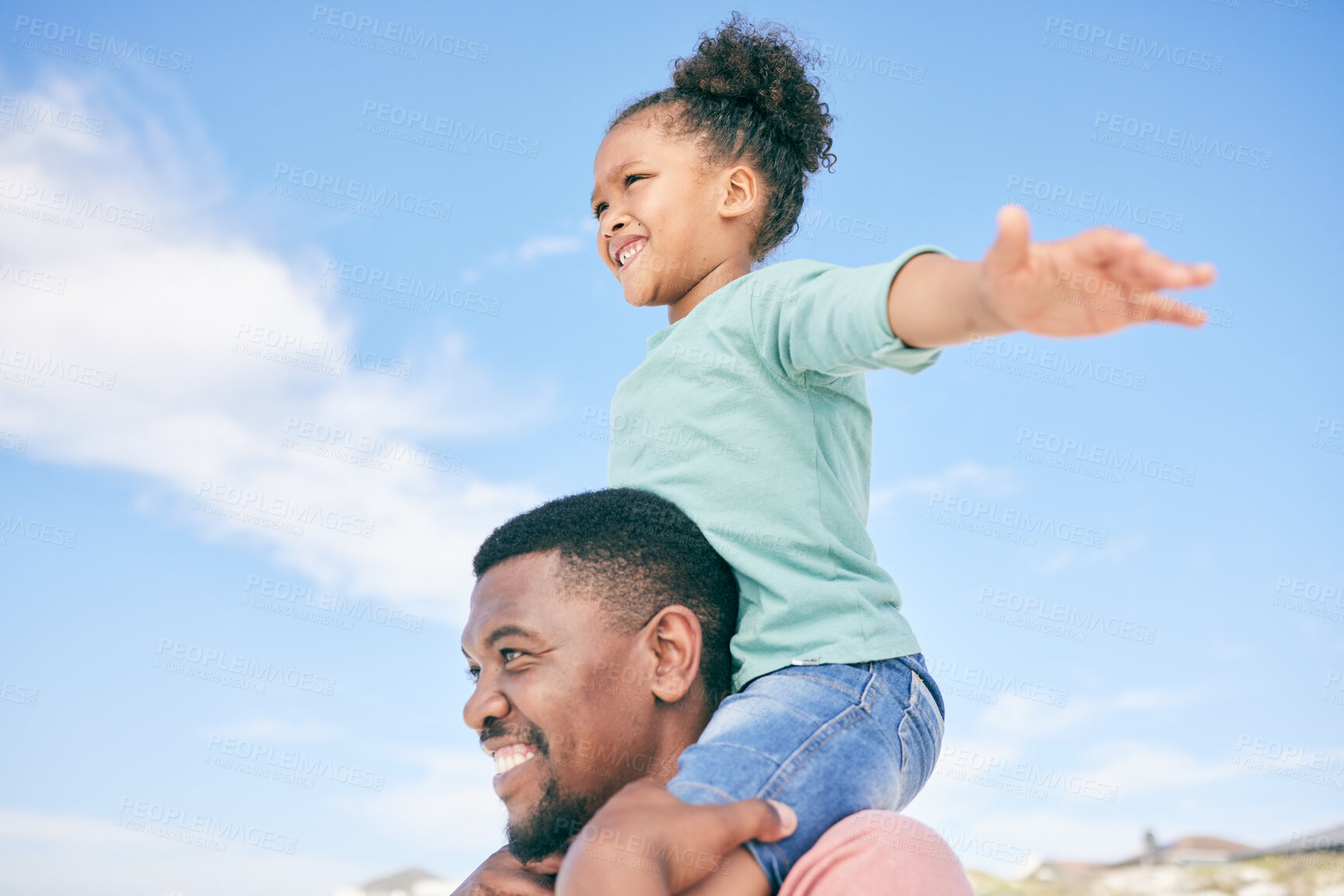 Buy stock photo Child, black man and piggy back at beach on playful family holiday in Australia with freedom, blue sky and fun. Travel, smile and happy dad and girl playing, flying and bonding together on vacation.