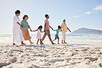 Mockup, vacation and family on beach, walking and break to relax, happiness and ocean water waves. Grandparents, father and mother with grandkids, seaside holiday or quality time together or carefree