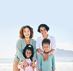 Nature portrait, blue sky and happy family on beach holiday for peace, freedom and outdoor quality time together. Love, ocean sea sand or Mexico children, grandmother and mother with vacation mock up